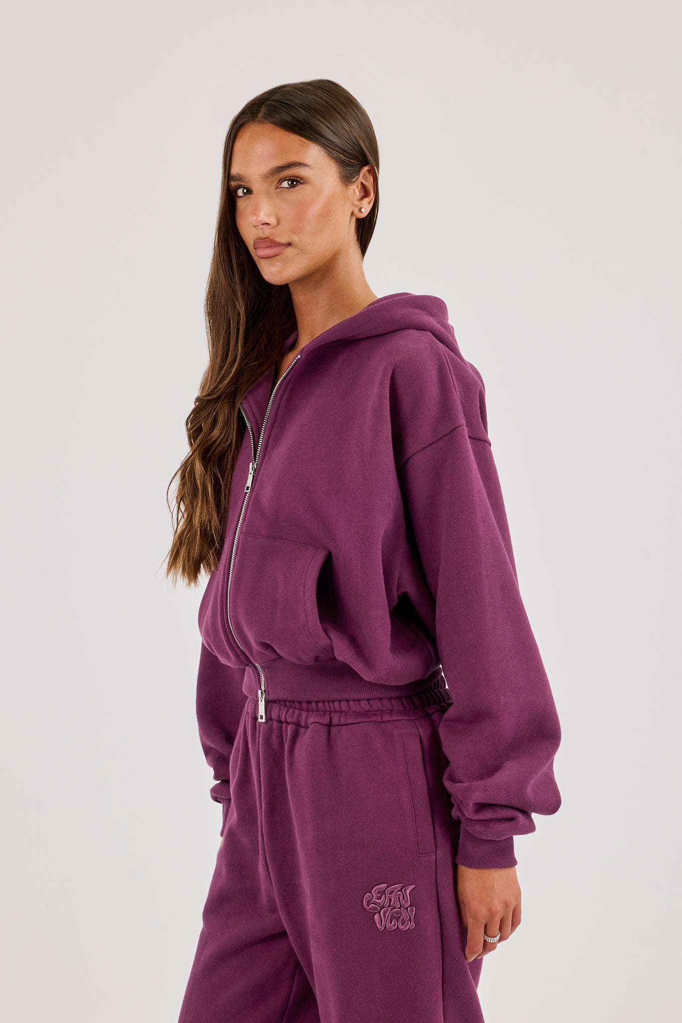 Chain Stitch Cropped Zip Through Hoodie - Cosmic Purple